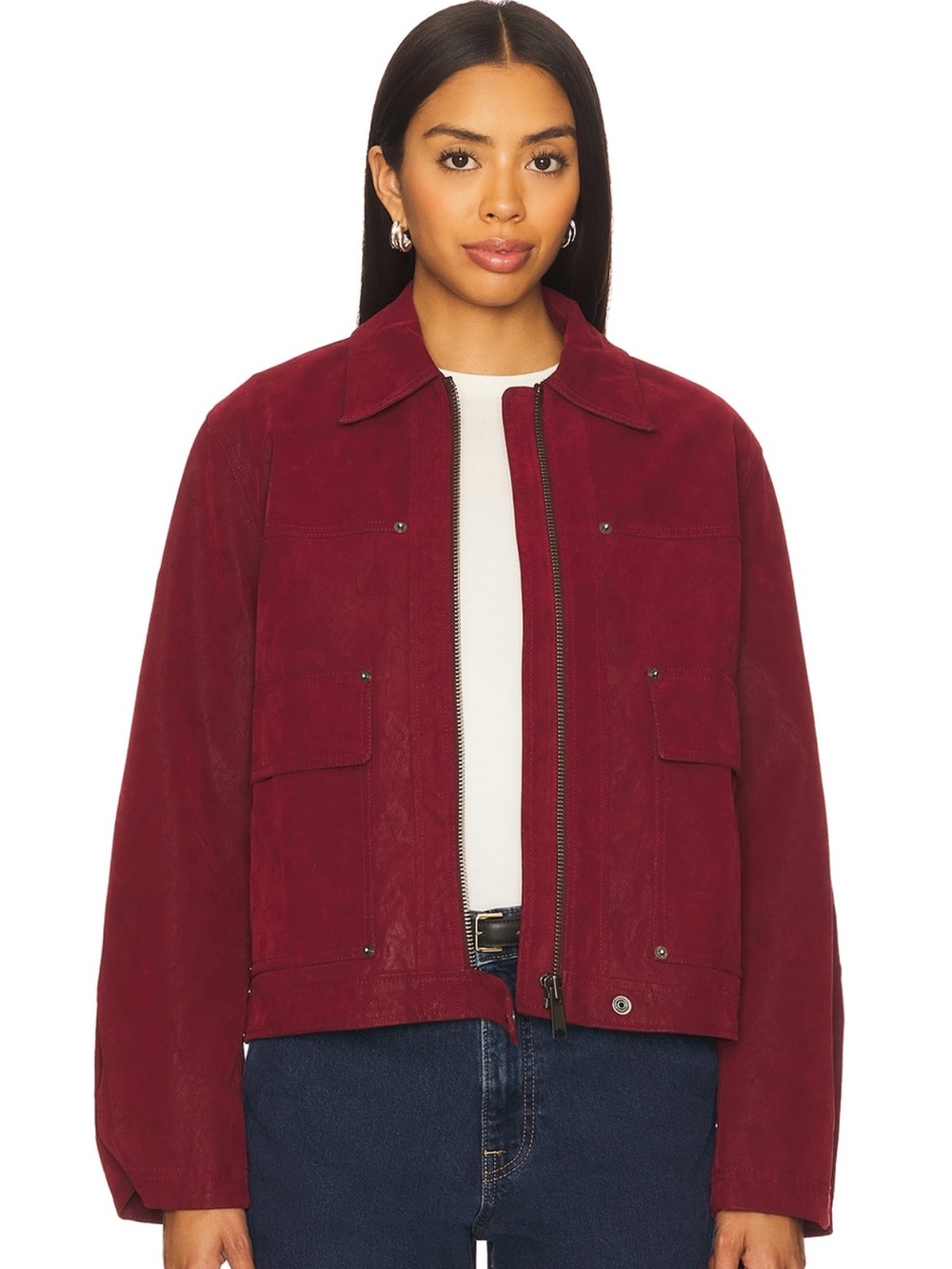 We The Free Vegan Leather Burgundy Suede Bomber Jacket